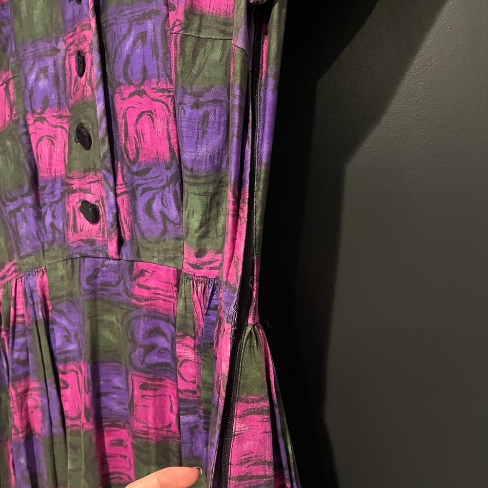 1960s Handmade Purple Pink Green Checkered Dress with Pleated Skirt vintage - Picture 4 of 5
